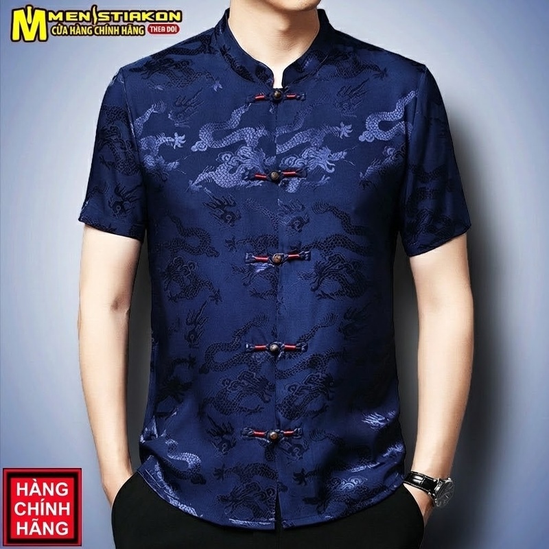 Áo Sơ Mi Nam Trung Niên Tay Ngắn Cổ Tàu Phong Cách Trung Hoa Lụa Gấm Màu Xanh Navy, Đỏ, Đen, Trắng...