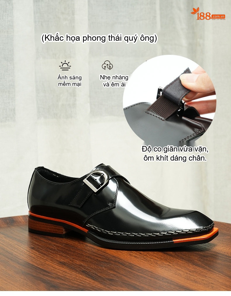 Giày Tây Khóa Cài Nam Da Bóng Mũi Vuông Chiều Cao Đế Khoảng 3cm Màu Đen, Nâu chi tiết 6