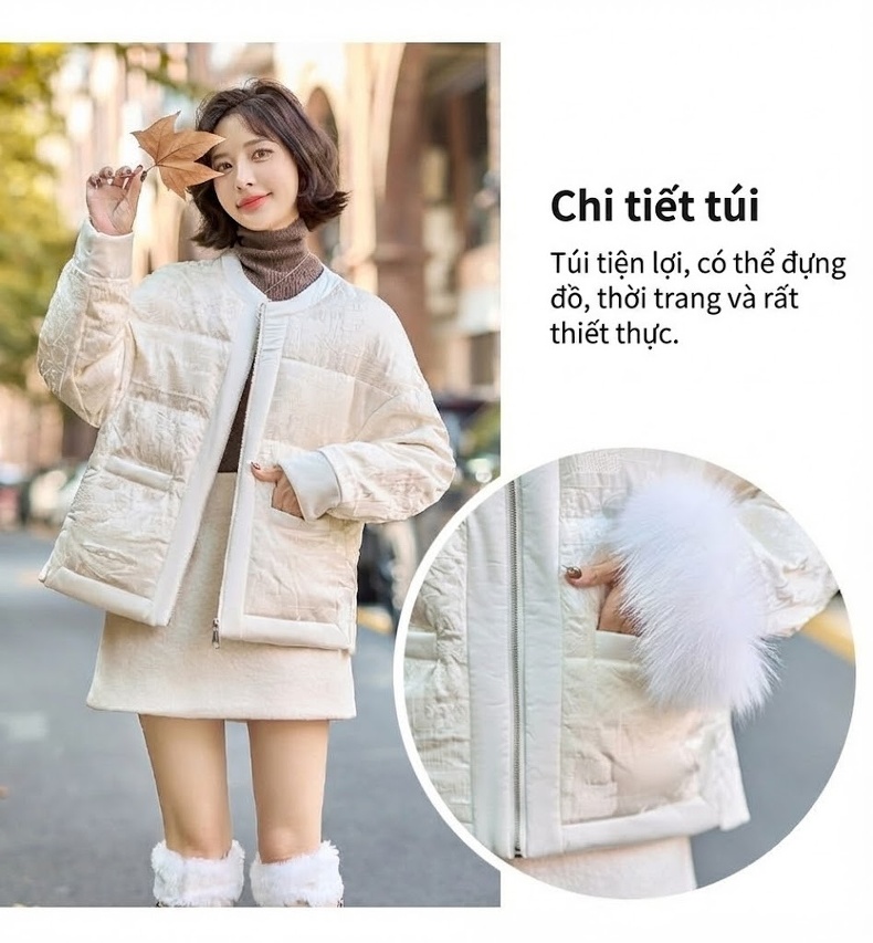 Áo Khoác Phao Nữ Ngắn Tay Dáng Nhỏ Gọn Cao Cấp Giữ Ấm Lông Vịt Trắng Màu Trắng Kem chi tiết 11