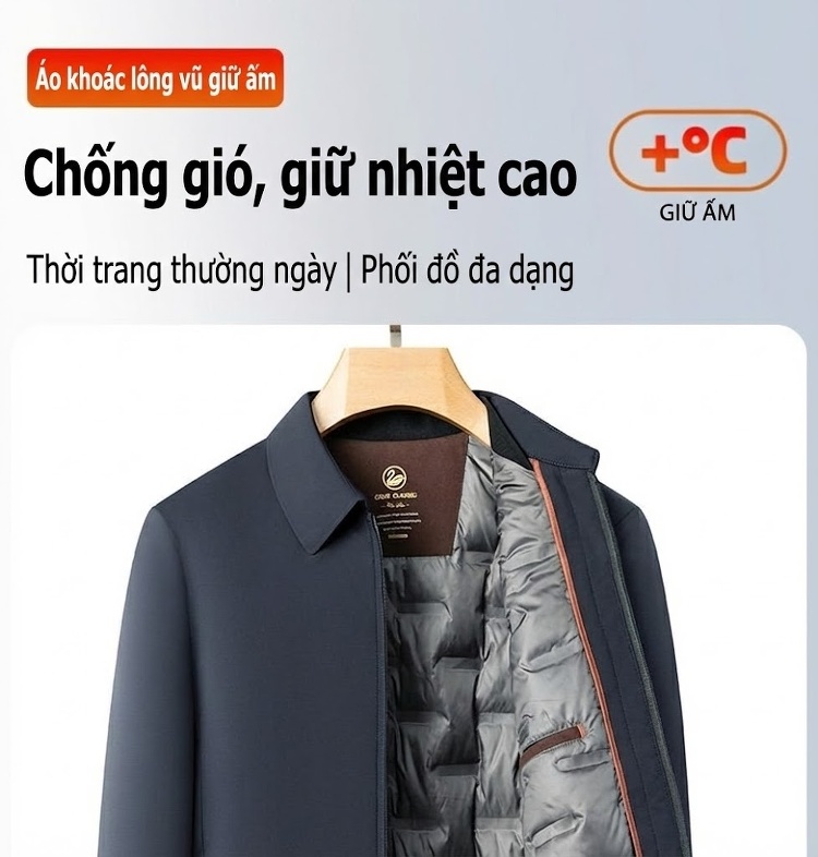 Áo Khoác Phao Lông Vũ Nam Trung Niên Cổ Bẻ Tháo Rời Màu Xanh Navy chi tiết 1