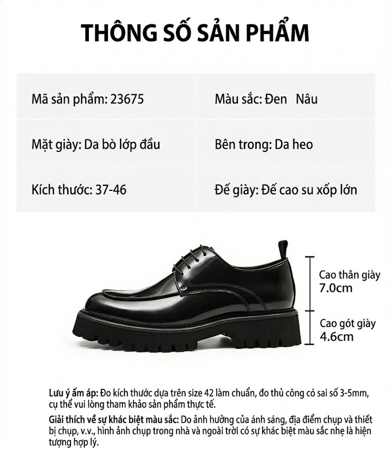 Giày Tây Buộc Dây Nam Da Bóng Chiều Cao Đế Khoảng 4cm Màu Đen, Nâu chi tiết 2