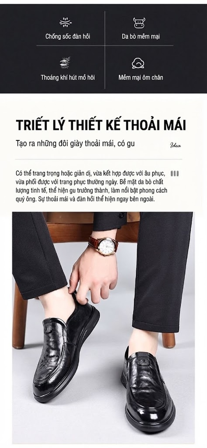 Giày Lười Nam Da Bò Cao Cấp Chiều Cao Đế Khoảng 3cm Màu Đen chi tiết 2
