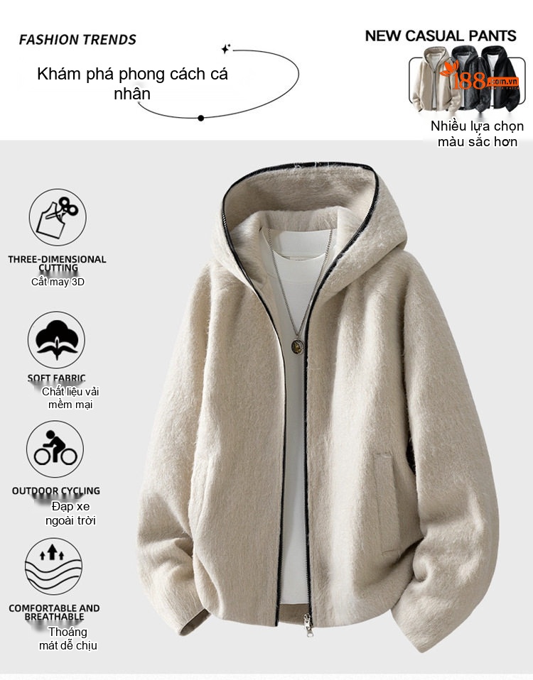 Áo Khoác Lông Cừu Non Có Mũ Trùm Đầu Dáng Rộng Unisex Màu Kem, Xám, Đen chi tiết 1