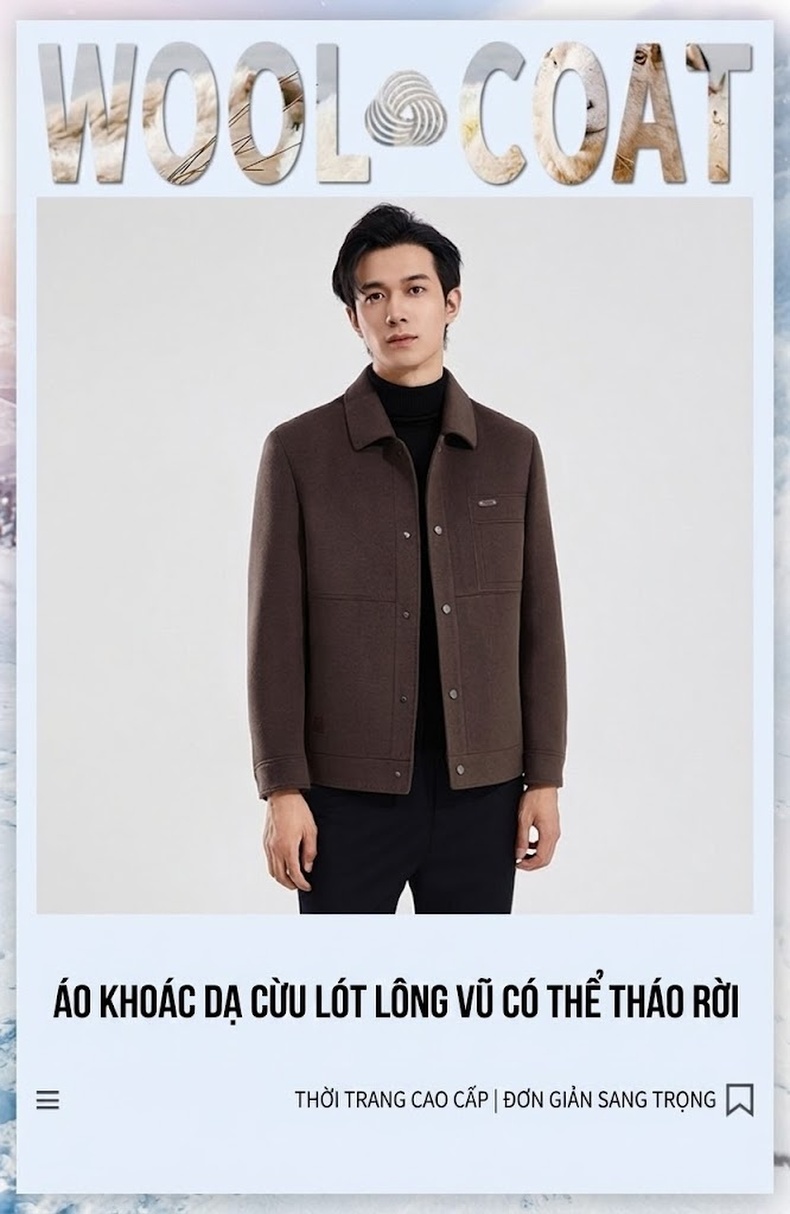 Áo Khoác Nam Dạ Pha Lông Cừu 2 Mặt Lót Lông Vũ Có Thể Tháo Rời Màu Nâu, Xám chi tiết 1