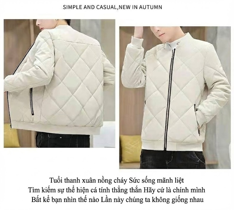 Áo Khoác Phao Nam Cotton Dày Dặn Lót Lông Cừu Giữ Ấm Kiểu Bomber Màu Đen, Xám, Kem chi tiết 11