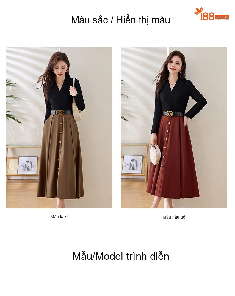 Váy Liền Thân Nữ Dáng Dài Tay Lỡ Cổ chữ V Thu Đông Thanh Lịch Màu Đen, Nâu Đất chi tiết 10