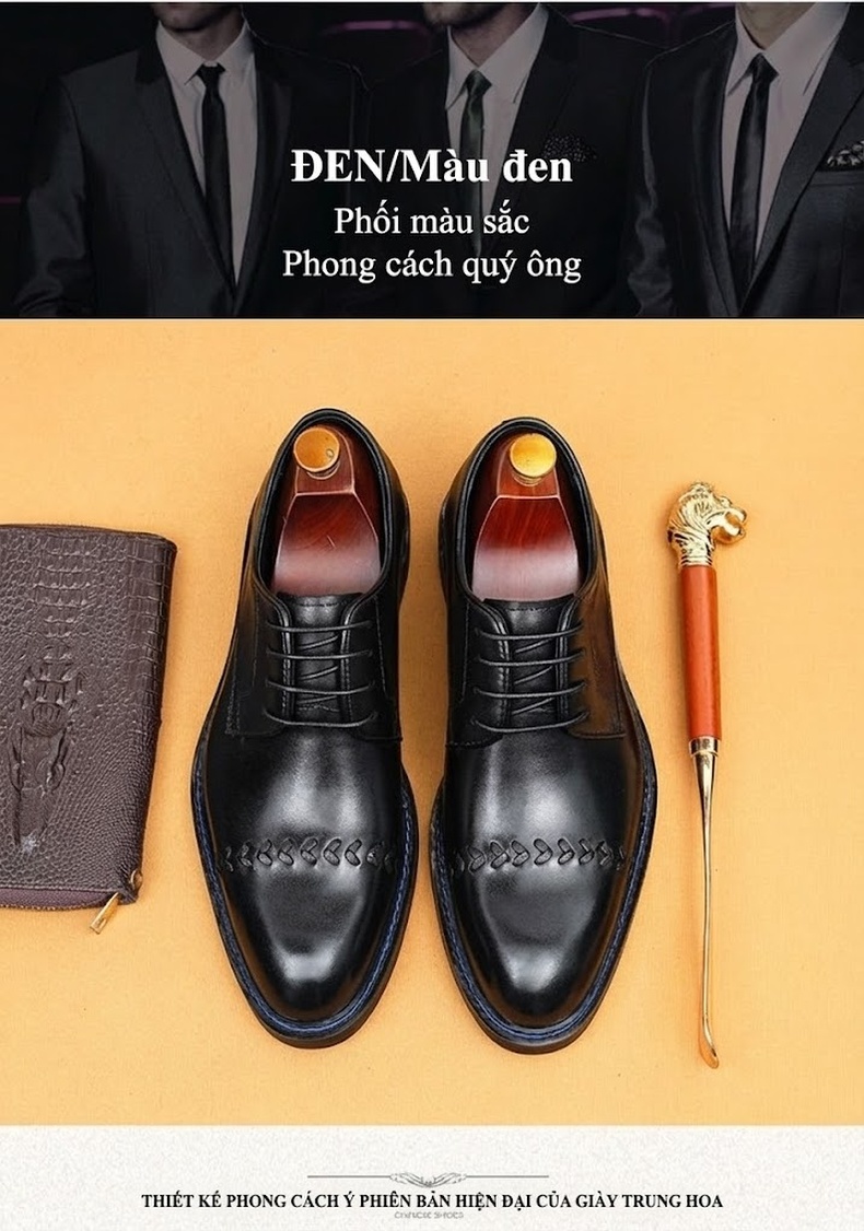 Giày Tây Buộc Dây Nam Da Bóng Mũi Nhọn Chiều Cao Đế Khoảng 3cm Màu Đen chi tiết 4