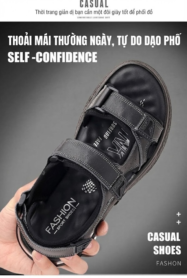 Dép Sandal Nam Da Bóng Quai Dán Đế Khí Chiều Cao Đế Khoảng 4cm Màu Đen chi tiết 2