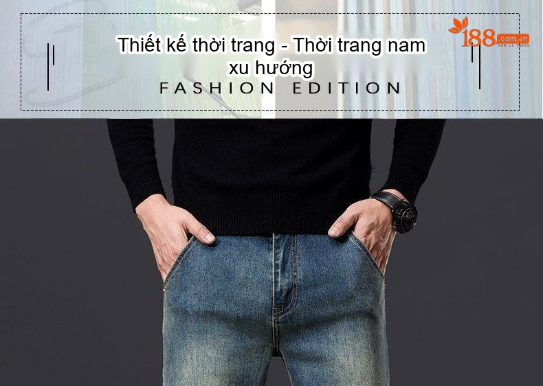 Quần Jean Dài Nam Màu Xanh Dương Rửa Bụi, Dáng Ôm Vừa, Ống Đứng, Phong Cách Retro chi tiết 1