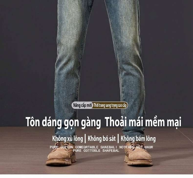 Quần Jean Dài Nam Màu Xanh Dương Rửa Bụi, Dáng Ôm Vừa, Ống Đứng, Phong Cách Retro chi tiết 2