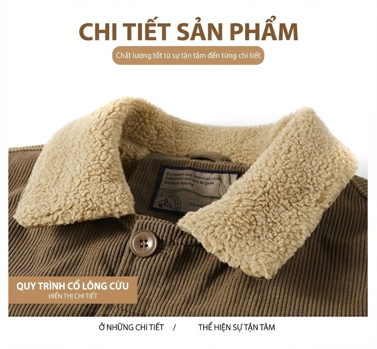 Áo Khoác Cotton Lông Cừu Nam Dáng Rộng Có Cổ Màu Nâu, Xanh Rêu, Đen chi tiết 33