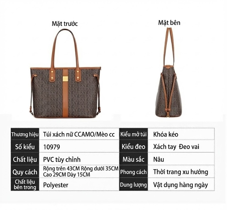 Túi Tote Nữ In Chữ Lớn Đeo Vai Chất Da Bóng, Túi Xách Tay Đi Làm, Đi Chơi Màu Nâu chi tiết 6