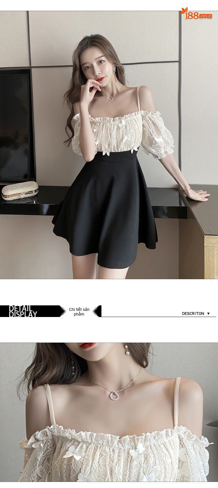 Váy Đầm Nữ Hai Dây Hở Vai Cổ Chữ U A-Line Ngắn Màu Đen, Trắng Kem chi tiết 7