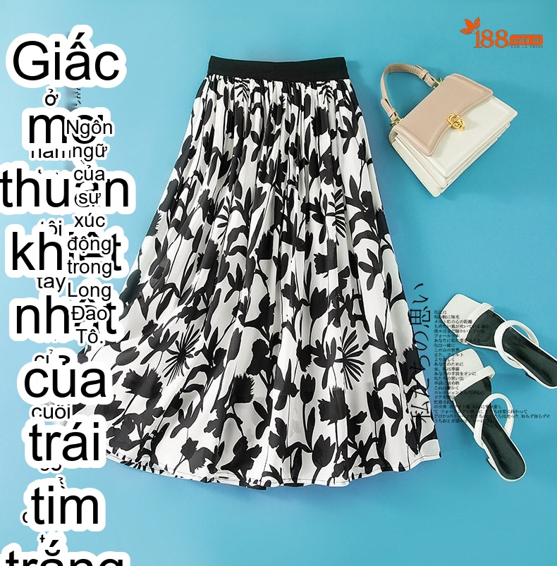 Chân Váy Lụa Tằm A Line Cạp Cao Họa Tiết Thời Trang Màu Trắng, Đen chi tiết 1