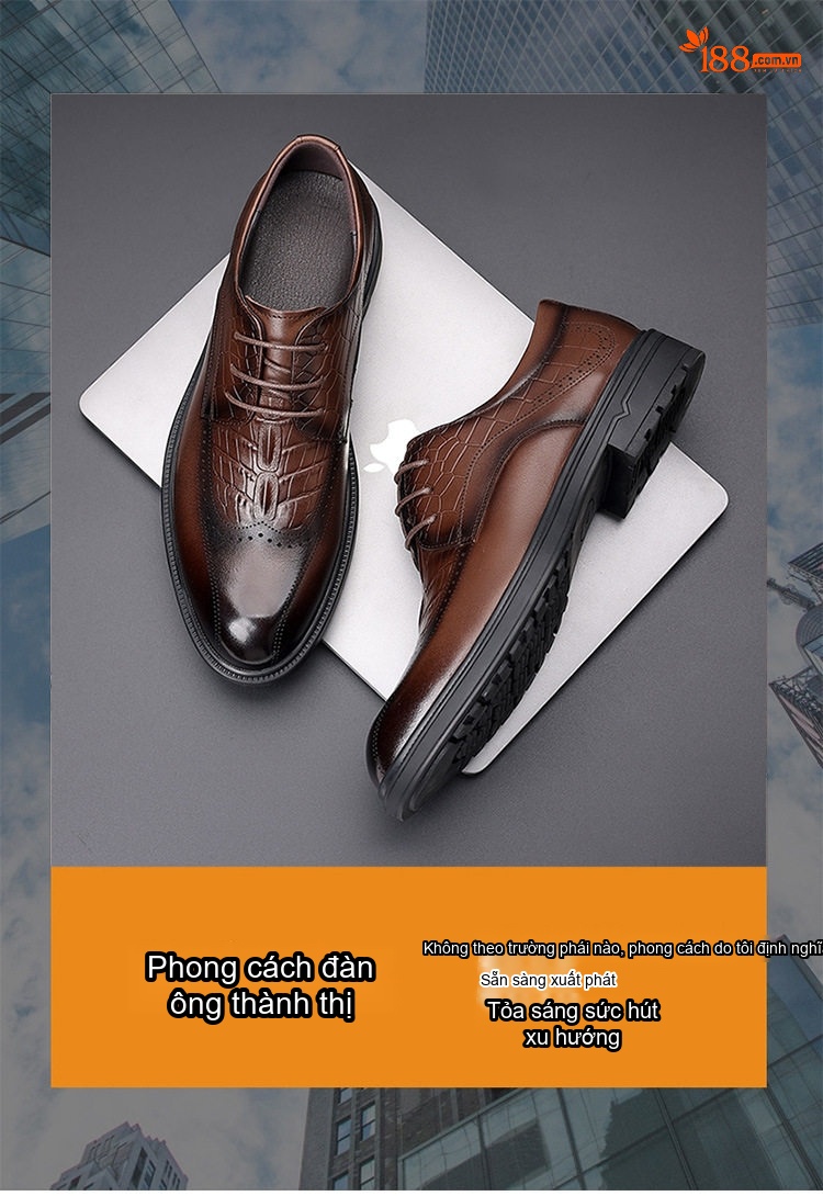 Giày Tây Buộc Dây Nam Da Bò, Kiểu dáng Brogue, Chiều Cao Đế Khoảng 3cm Màu Nâu, Đen chi tiết 1