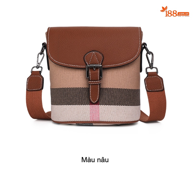 Túi Đeo Vai Nữ Da Bò Vải Canvas Kẻ Ô Cao Cấp Màu Nâu chi tiết 4