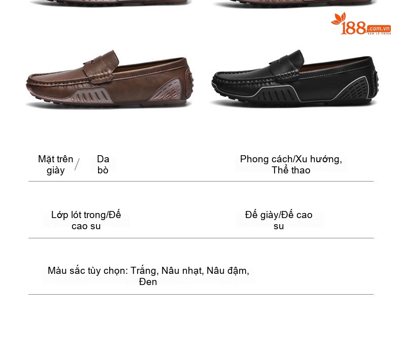 Giày Lười Nam Da Thật Thoáng Khí Chiều Cao Đế Khoảng 2cm Màu Đen, Nâu, Trắng chi tiết 7