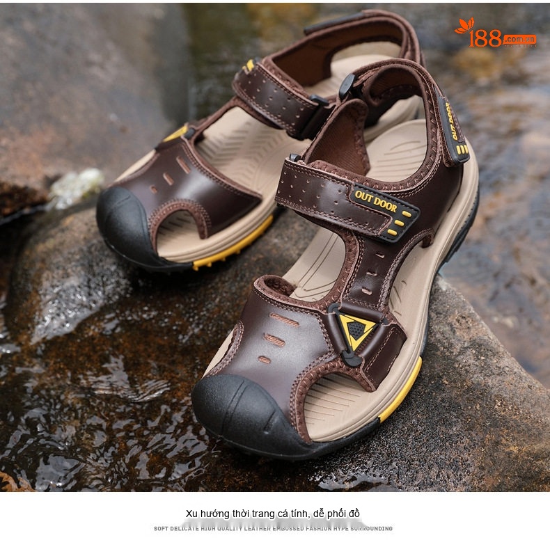 Dép Sandal Nam Da Thật Quai Dán Đế Cao Su Chống Trượt Bít Mũi Đi Biển, Đi Phượt (đế cao 3 cm) chi tiết 26