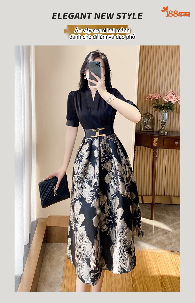 Váy Liền Thân Nữ Thiết Kế Dáng Xòe Eo Cao Họa Tiết Hoa Phong Cách Vintage Màu Đen chi tiết 1