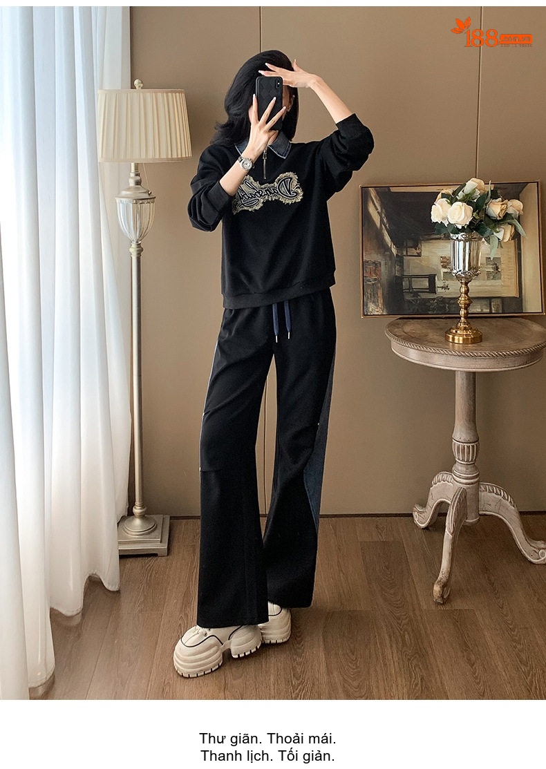 Bộ Đồ Nữ Áo Hoodie Tay Dài Quần Ống Rộng Phong Cách Casual Màu Đen chi tiết 16