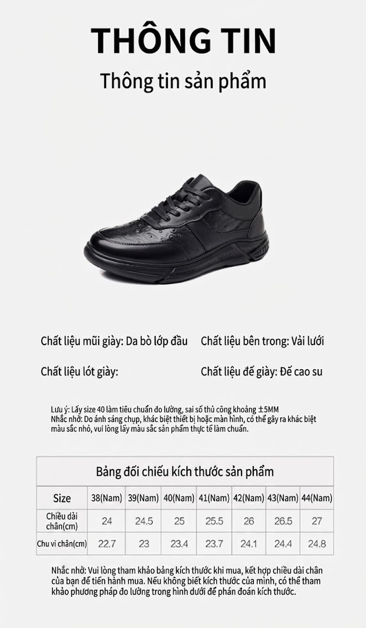 Giày Thể Thao Da Bò Nam Vân Đà Điểu Chiều Cao Đế Khoảng 3cm Màu Đen chi tiết 3