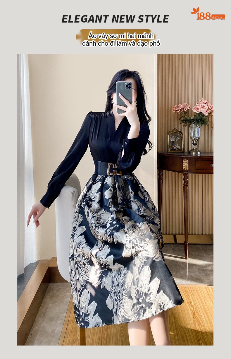 Váy liền thân Nữ Thiết Kế Giả Hai Lớp Tay Dài Họa Tiết Hoa Nhí Eo Thun Dáng Chữ A Màu Đen, Trắng chi tiết 1