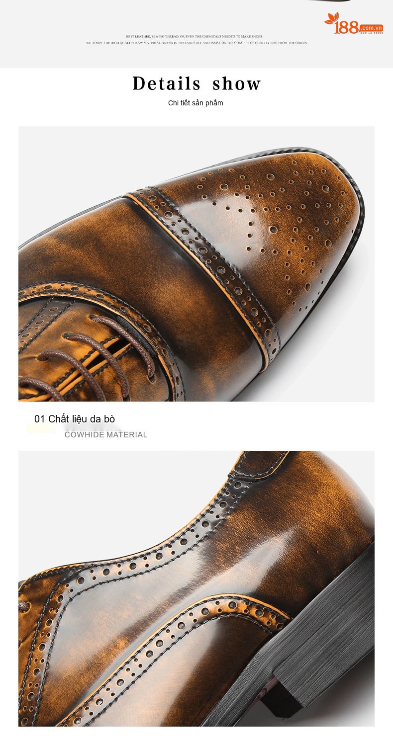 Giày Tây Buộc Dây Nam Da Bóng Brogue Chiều Cao Đế Khoảng 3cm Màu Nâu, Đen chi tiết 18