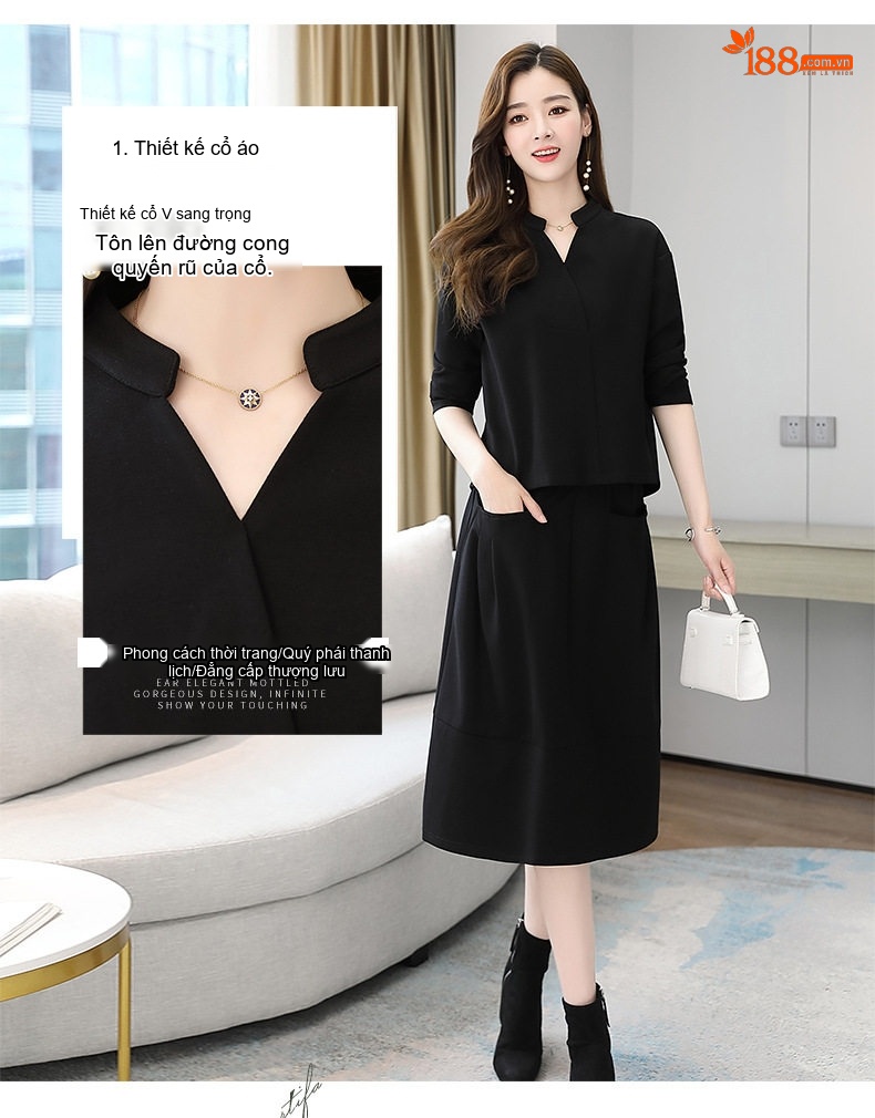 Set Bộ Áo Và Chân Váy Dáng Dài Nữ Tính Thu Đông Thanh Lịch Màu Nâu, Đen, Xám chi tiết 5
