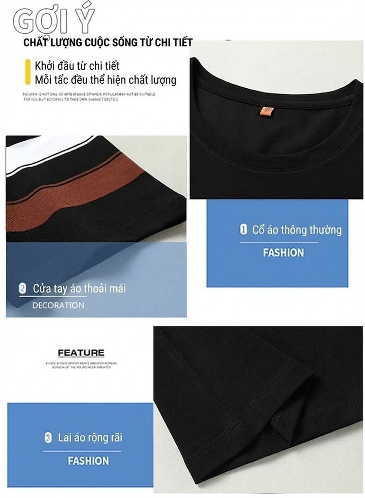 Áo Thun Nam Cotton Sọc Ngắn Tay Cổ Tròn Form Rộng Màu Đen, Nâu, Trắng chi tiết 9