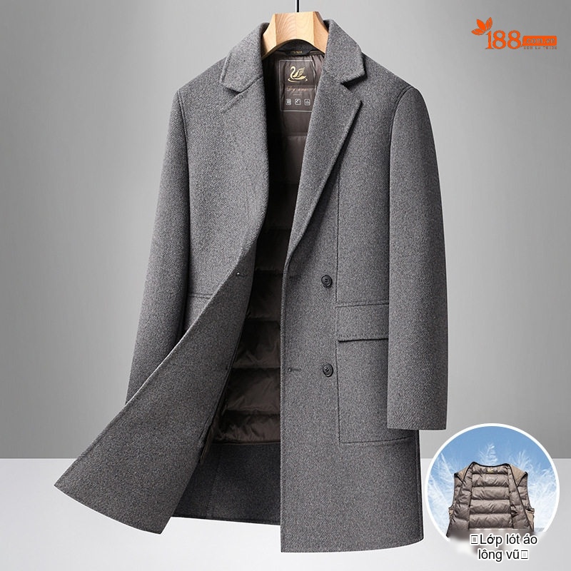 Áo Khoác Dạ Nam Dáng Dài Lót Lông Vũ Tháo Rời Cổ chữ Vest Phong Cách Doanh Nhân Màu Đen, Xám