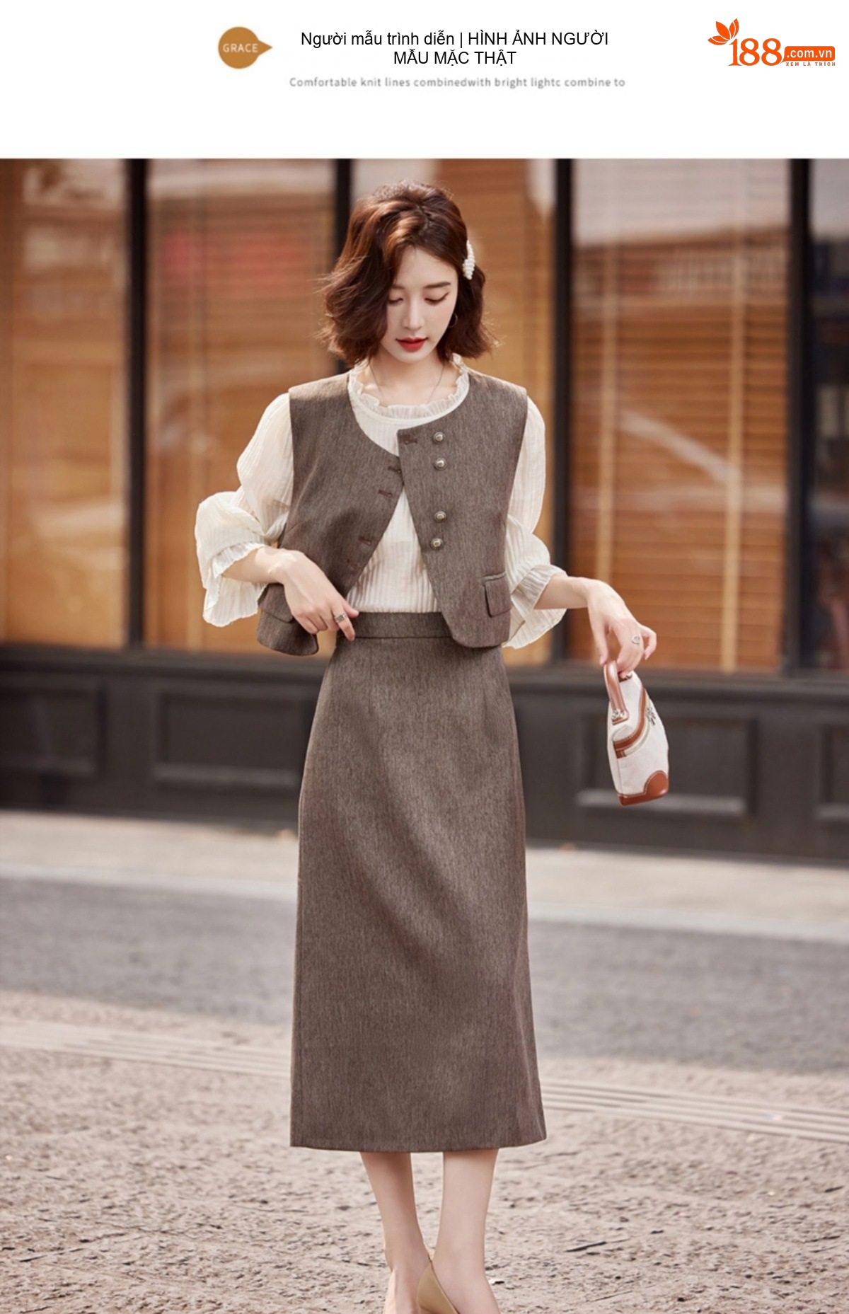 Set Áo Khoác Gile, Áo Tiểu Thư Tay Dài Và Chân Váy Dài Phong Cách Thời Trang Nữ chi tiết 11