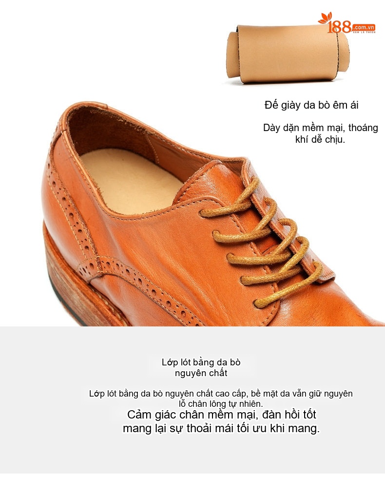 Giày Tây Buộc Dây Nam Da Thật Thủ Công Goodyear Chiều Cao Đế Khoảng 3cm Màu Nâu chi tiết 8