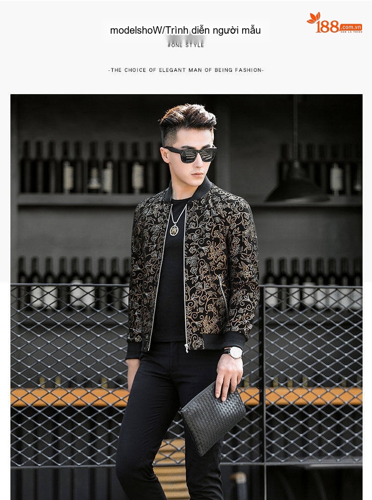 Áo Khoác Bomber Nam Da Cừu In Họa Tiết Slim Fit Màu Đen chi tiết 4