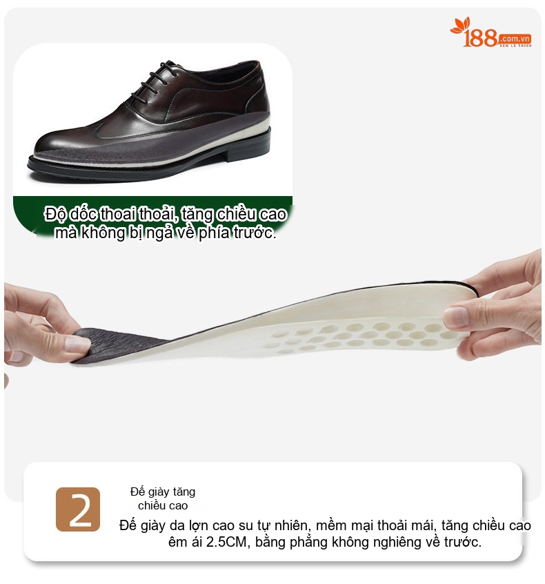 Giày Tây Buộc Dây Nam Da Thật Tăng Chiều Cao 5.3cm Màu Đen chi tiết 7