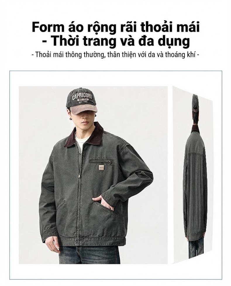 Áo Khoác Bomber Nam Vải Canvas Cổ Lã Ve Màu Xám chi tiết 3