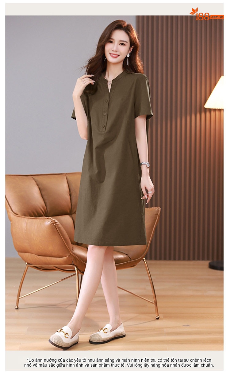 Váy Midi Nữ Cổ chữ V Tay Ngắn Phong Cách Retro Thanh Lịch Cotton Màu Xanh Rêu, Xanh Lá, Tím, Xanh Navy... chi tiết 26