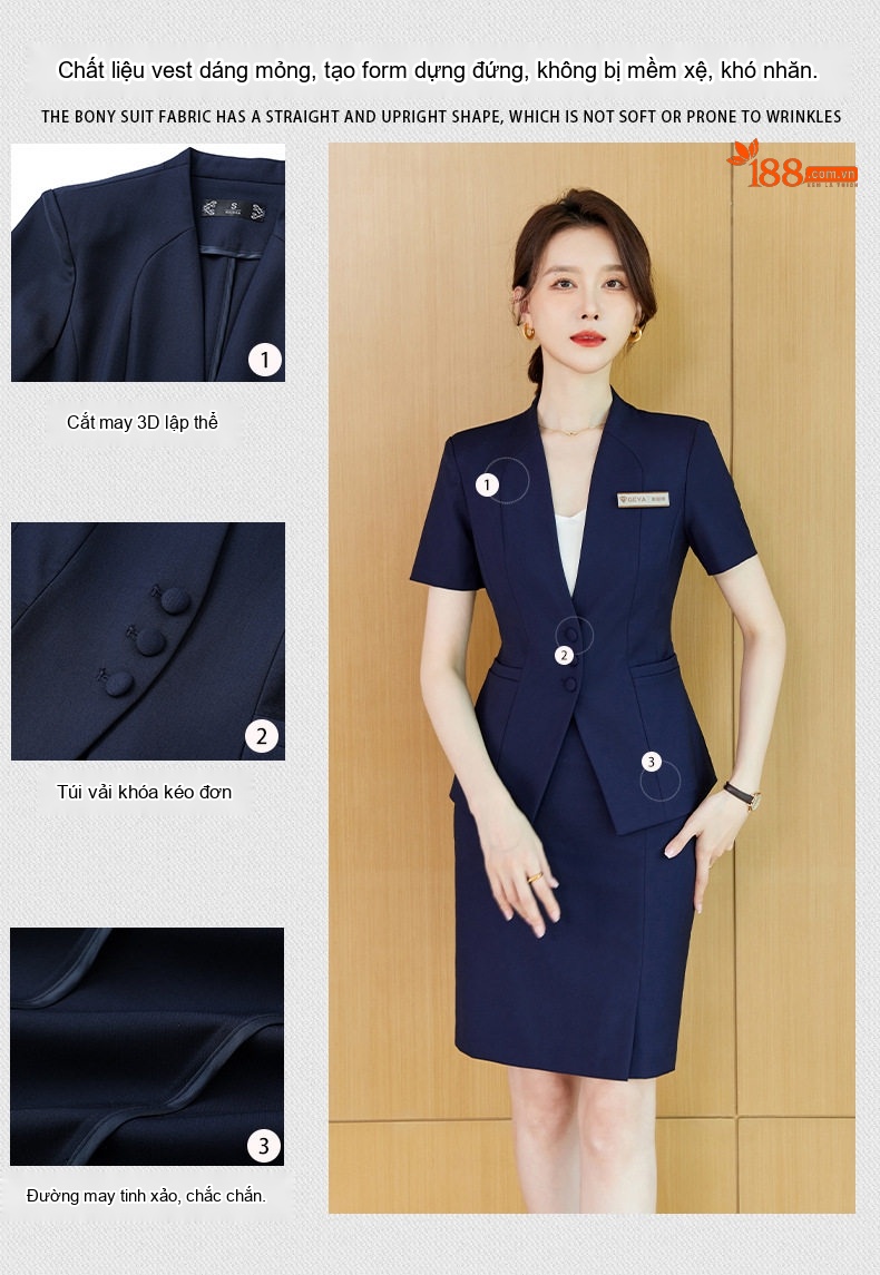 Bộ Vest Công Sở Nữ Tay Ngắn Cao Cấp, Sang Trọng Màu Xám, Xanh Navy chi tiết 8