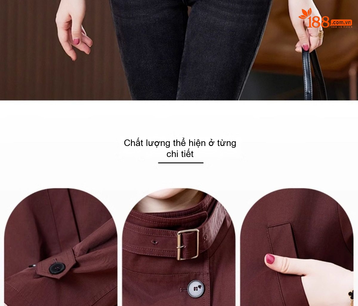 Áo Khoác Gió Nữ Dáng Ngắn Tay Lỡ Form Rộng Phong Cách Thời Trang Màu Đen, Be, Đỏ Rượu Vang chi tiết 7
