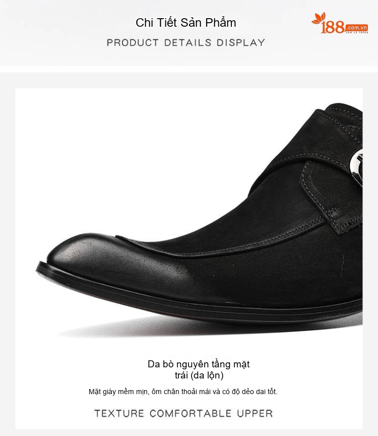 Giày Monkstrap Khóa Cài Nam Da Bò Lộn Chiều Cao Đế Khoảng 3cm Màu Đen, Xám chi tiết 2
