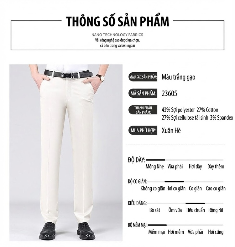 Quần Âu Nam Dáng Suông Mỏng Nhẹ Không Nhăn Cho Bố Trung Niên Màu Đen, Kem, Xám, Be chi tiết 55