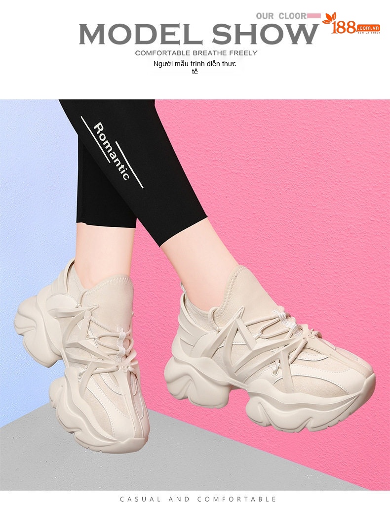 Giày Sneaker Nữ Đế Dày Phong Cách Ins Chiều Cao Đế Khoảng 5cm Màu Đen, Trắng Kem chi tiết 8