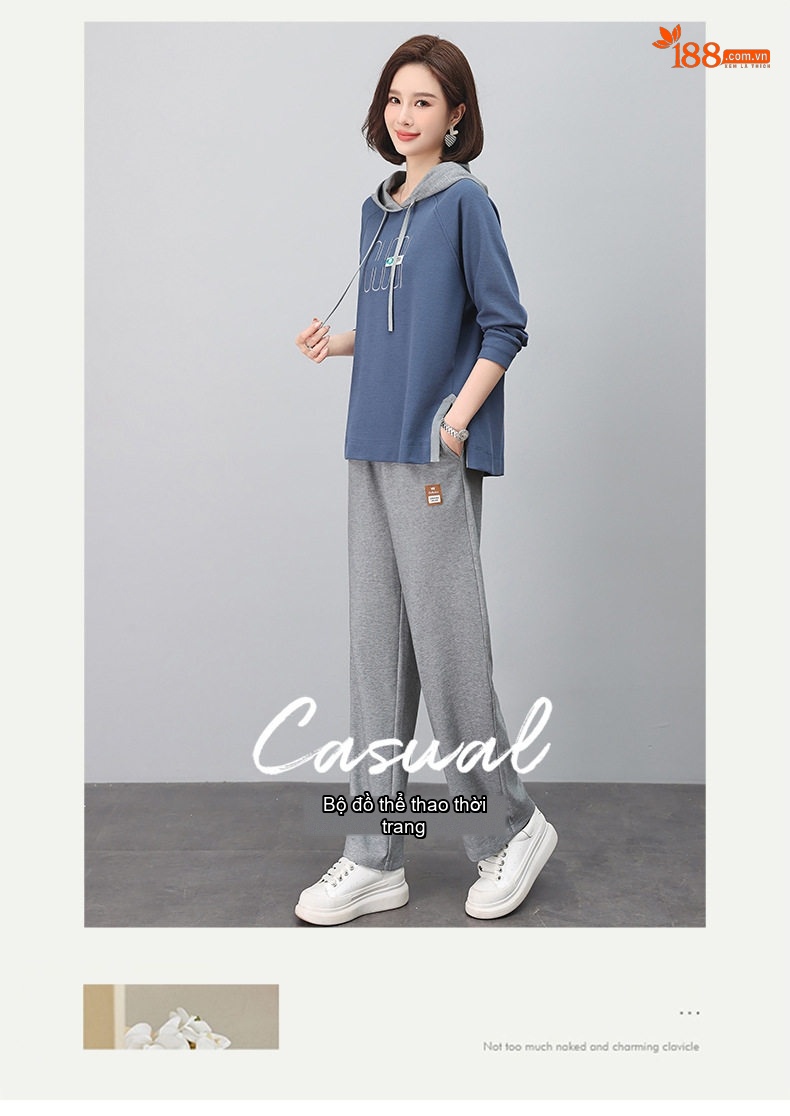 Bộ đồ thể thao nữ dáng nhỏ gọn áo hoodie tay lỡ quần dài chi tiết 4