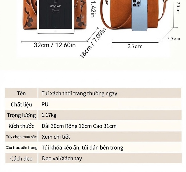 Túi Xách Nữ Da Bóng Đeo Vai Đựng Đồ Dung Tích Lớn Phong Cách Retro Màu Nâu, Tím chi tiết 3