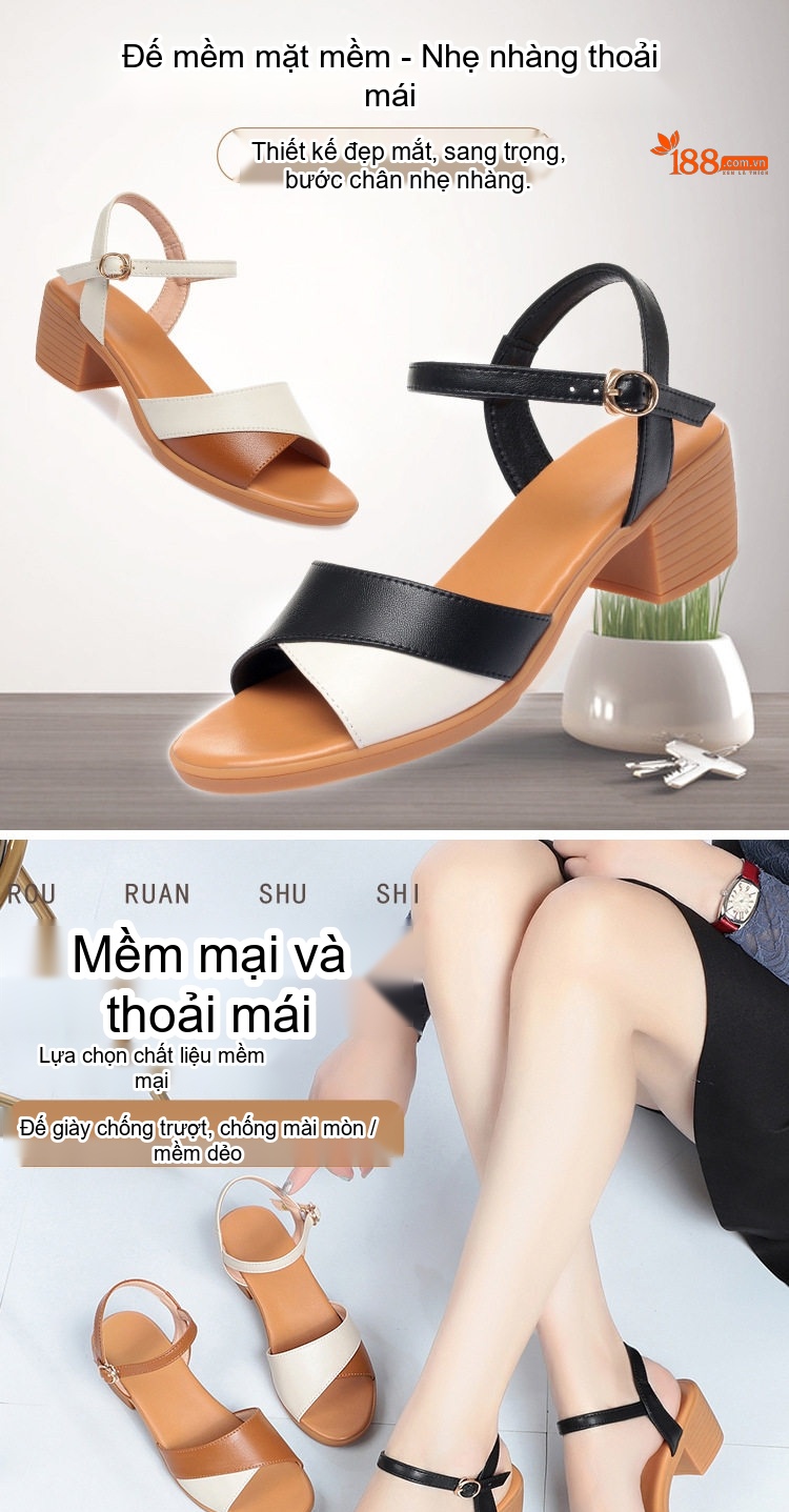 Giày Sandal Cao Gót Nữ Quai Ngang Khóa Cài Gót Vuông Da Bóng Gót Cao 7cm - 8cm Màu Đen, Nâu, Kem chi tiết 1