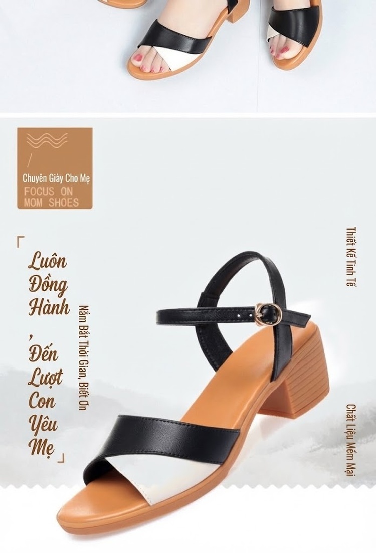 Giày Sandal Cao Gót Nữ Quai Ngang Khóa Cài Gót Vuông Da Bóng Gót Cao 7cm - 8cm Màu Đen, Nâu, Kem chi tiết 2