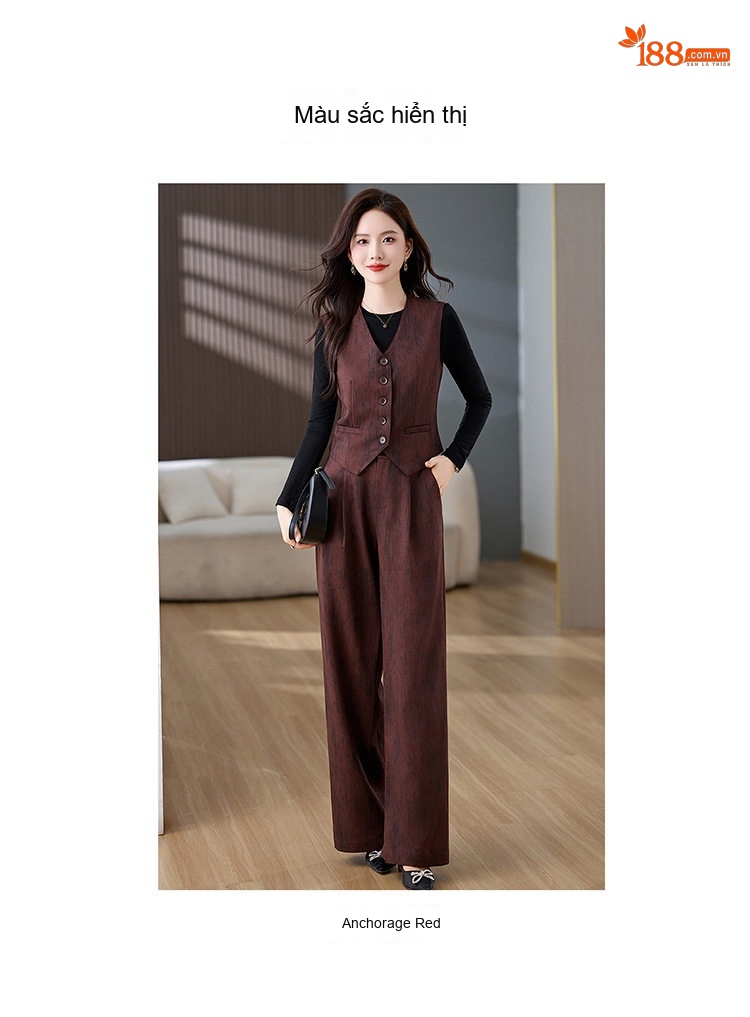 Set Bộ Vest Nữ Áo Gile Quần Ống Rộng Phong Cách Thời Trang Màu Nâu Đỏ chi tiết 6