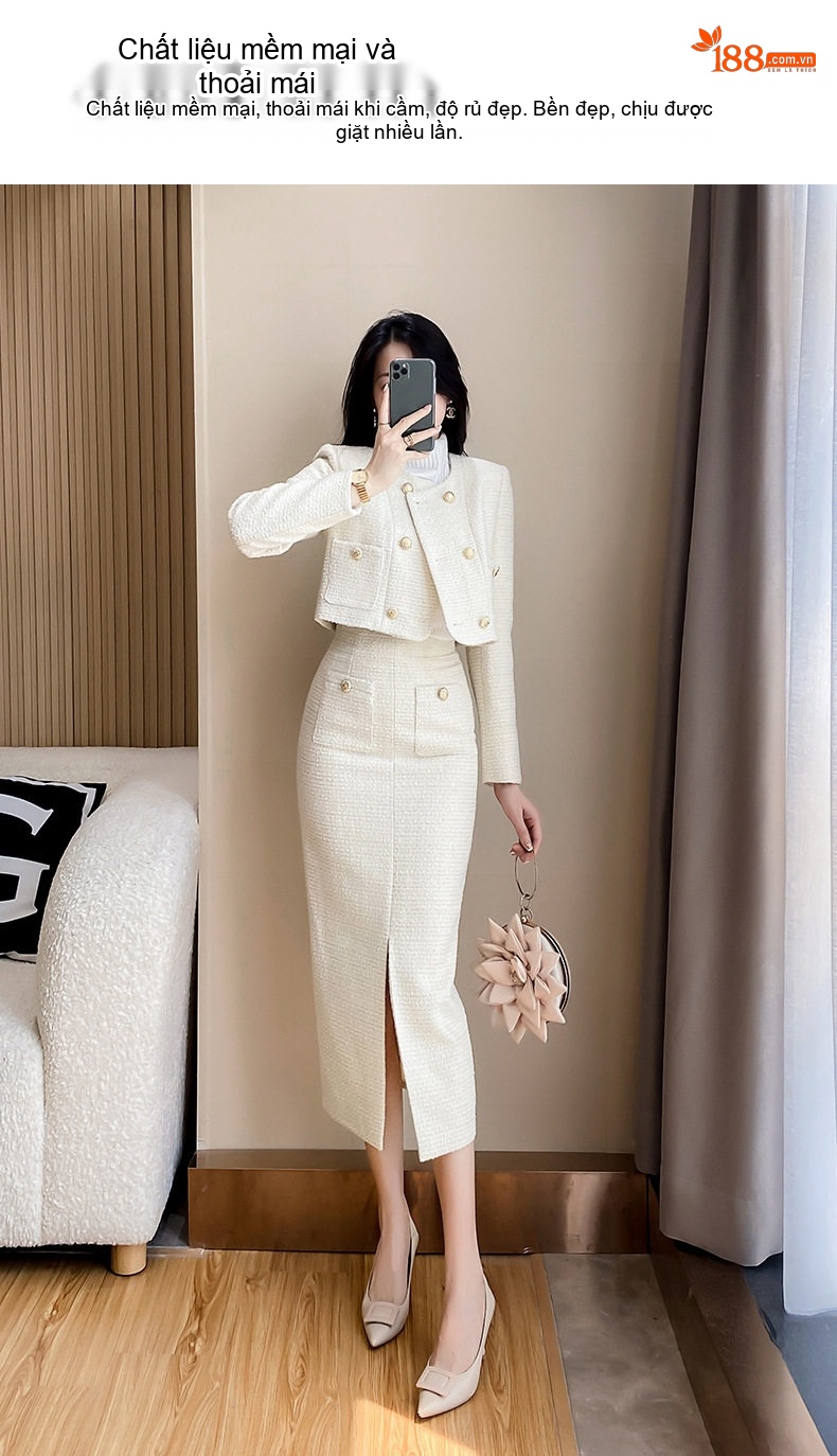 Bộ Set Áo Khoác Lửng và Chân Váy Nữ Vải Tweed Phong Cách Tiểu Thư Thanh Lịch Màu Trắng Kem chi tiết 4