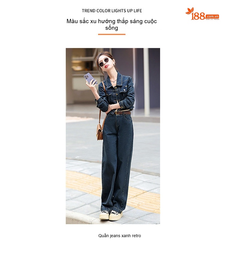Set Bộ Quần Áo Nữ Jean/Denim Áo Khoác Lửng Quần Ống Rộng Phong Cách Hàn Quốc Màu Xanh Navy chi tiết 15