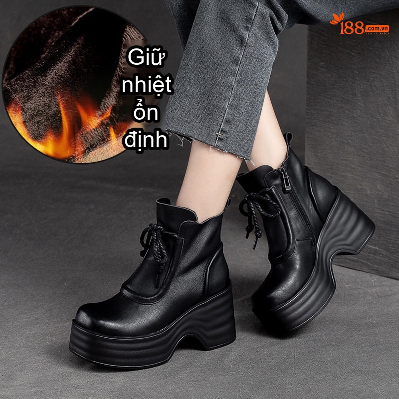 Boot Nữ Cổ Ngắn Da Bóng Lót Lông Chiều Cao Đế Khoảng 6cm Màu Đen, Nâu