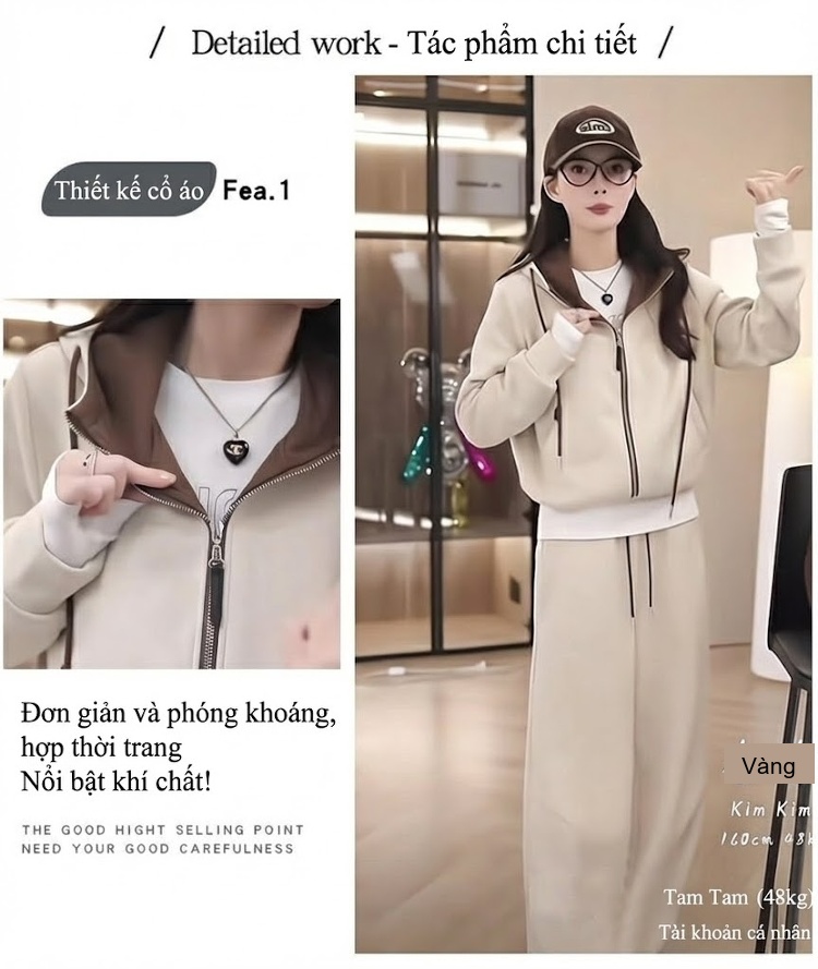 Bộ Đồ Thể Thao Nữ Áo Khoác Có Mũ Quần Ống Rộng Phong Cách Casual Màu Be chi tiết 7